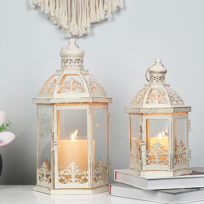 Distressed Ivory Scroll Candle Lanterns (Set of 2)