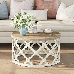 Farmhouse Lattice-Base Round Coffee Table (Natural Wood & White)