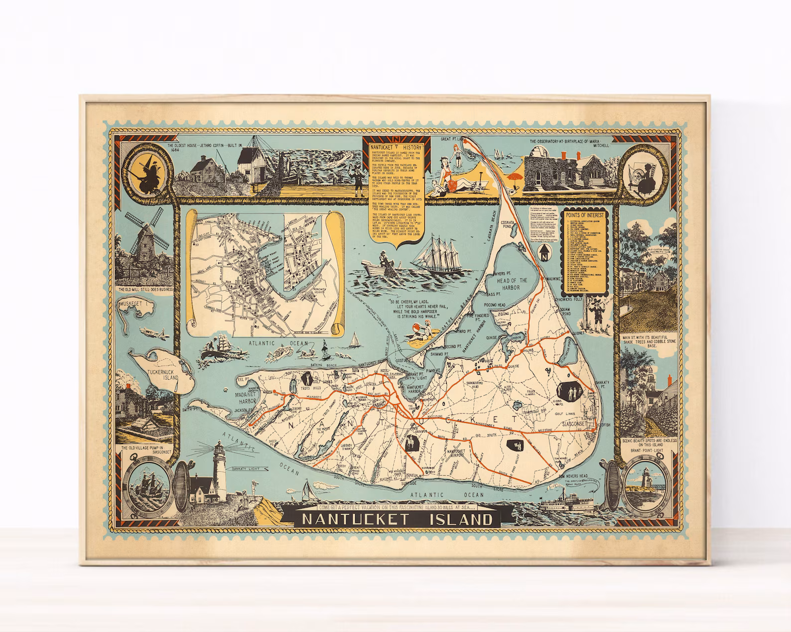 Old Map of Nantucket Island 1946 — Antique Pictorial Map Print
