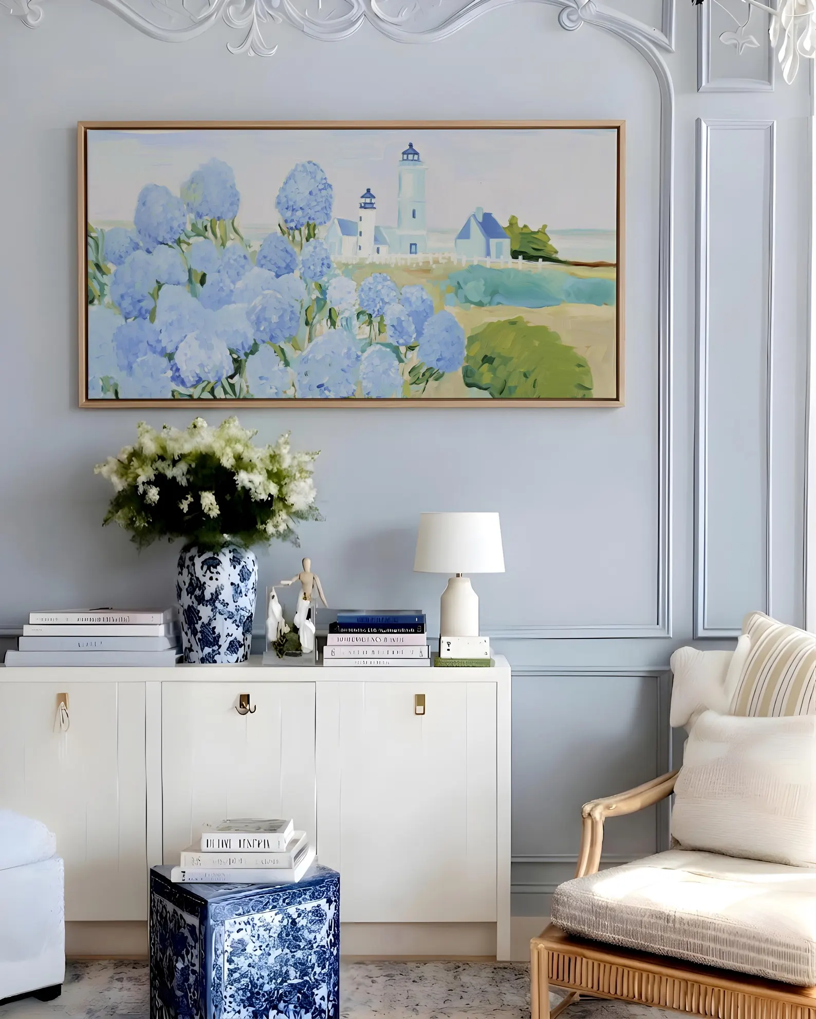 Over-Sofa Blue Cape Cod Lighthouse & Hydrangea Art — Horizontal Canvas