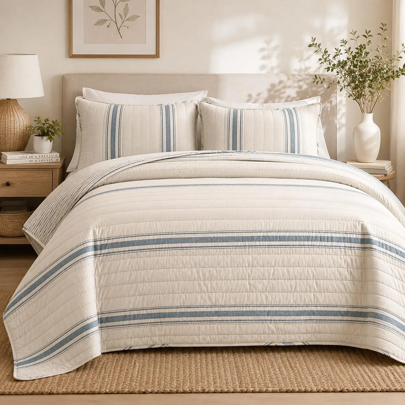 Farmhouse Blue Stripe Cotton Quilt Set — Reversible Coastal Bedding