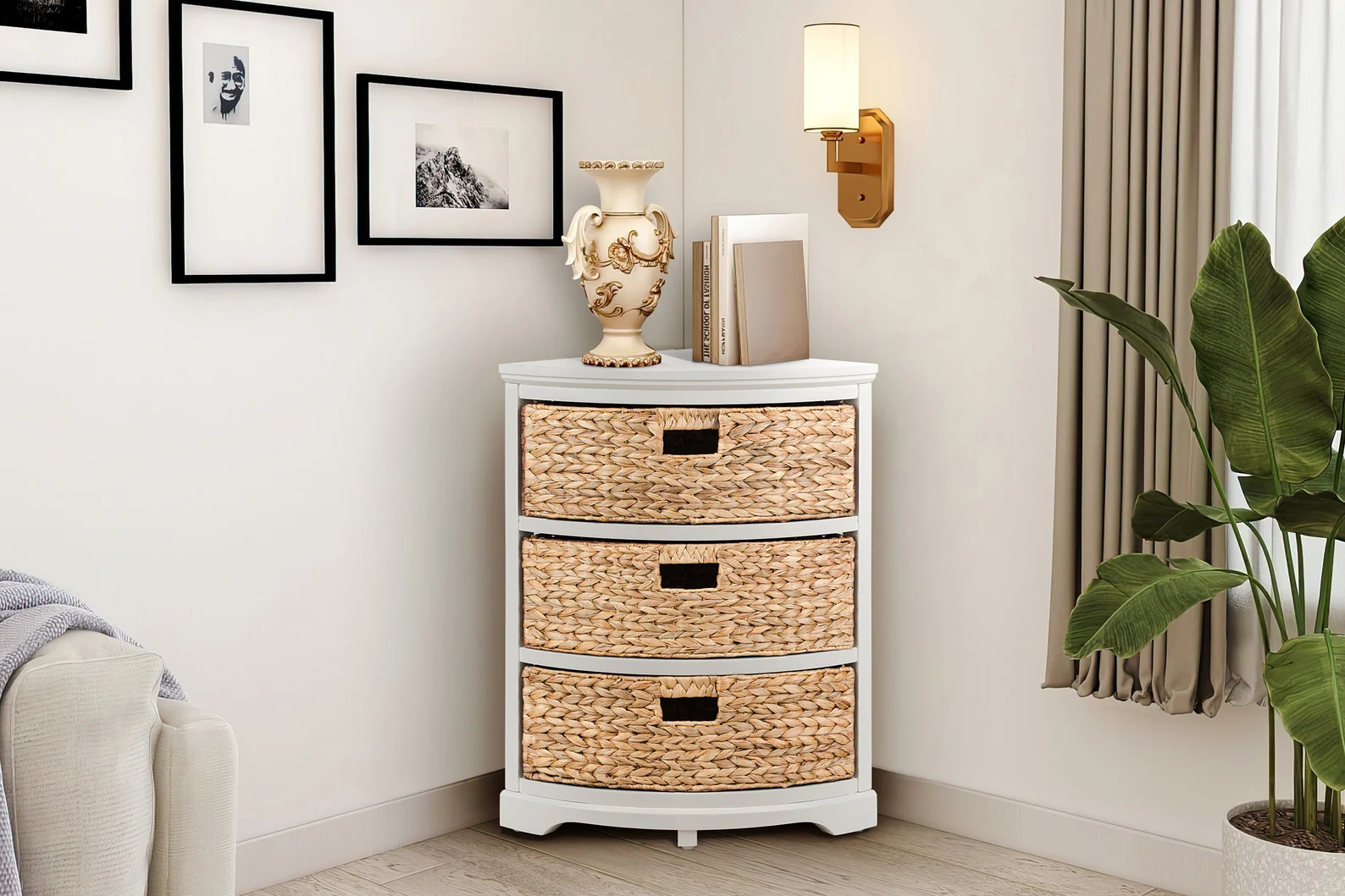 3-Tier X-Side Corner Table Storage Cabinet — 3 Water Hyacinth Wicker Baskets