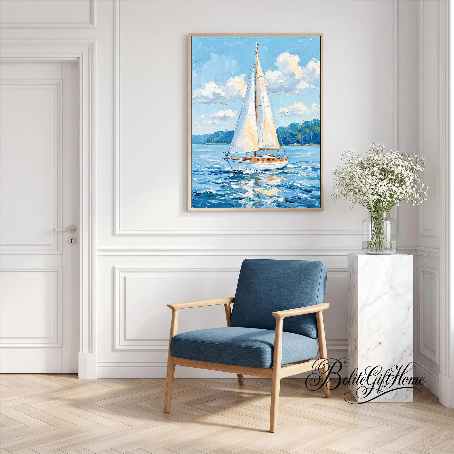 Blue Sailboat Impasto Oil Painting — Coastal Sailing Wall Art