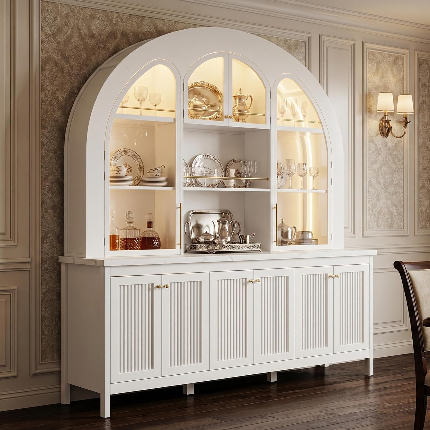 AIEGLE Arched Pantry Cabinet Hutch with Lights — White