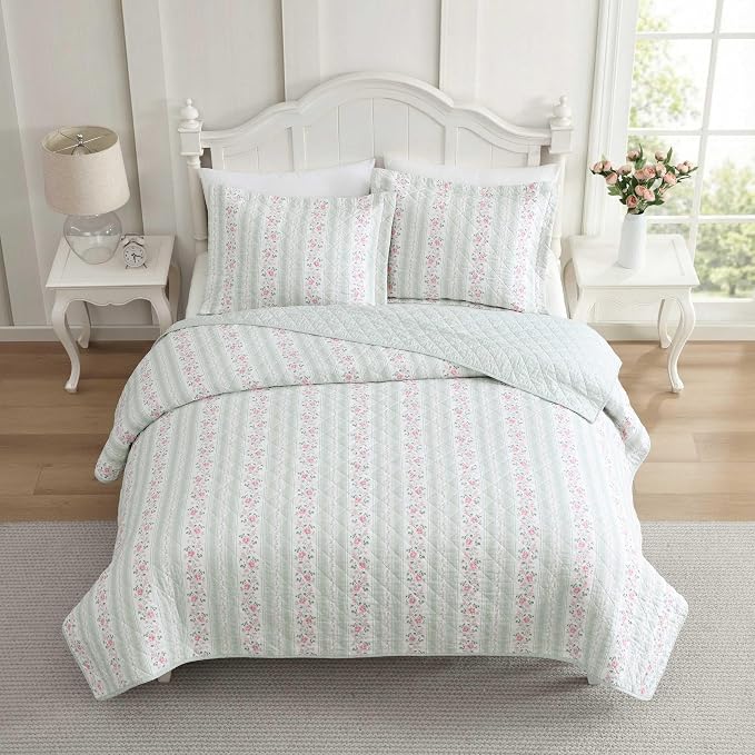 Simply Shabby Chic Sage Stripe & Pink Floral Quilt Set