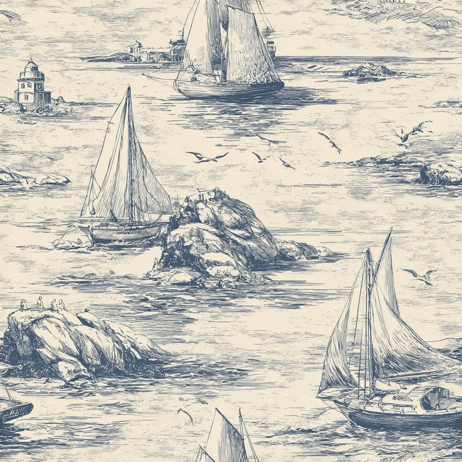 Sailor's Sketch Toile Wallpaper — Sailboats & Lighthouses, Blue on Cream