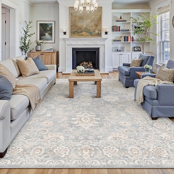 French Blue & Cream Vintage Persian Washable Area Rug