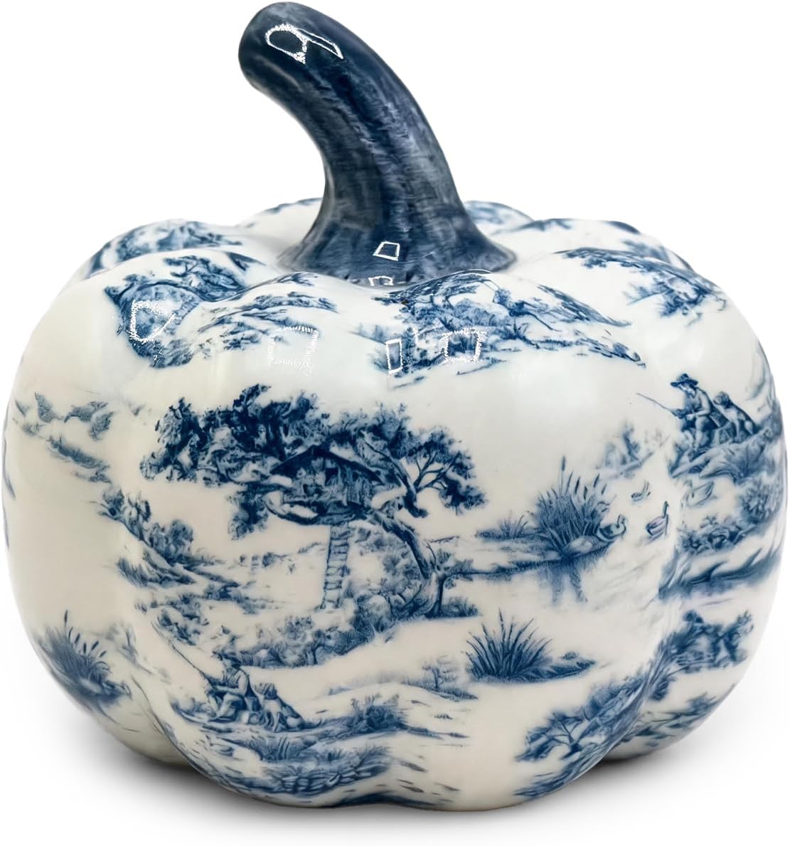 Sayzineo Blue & White Toile Ceramic Pumpkin with Navy Stem