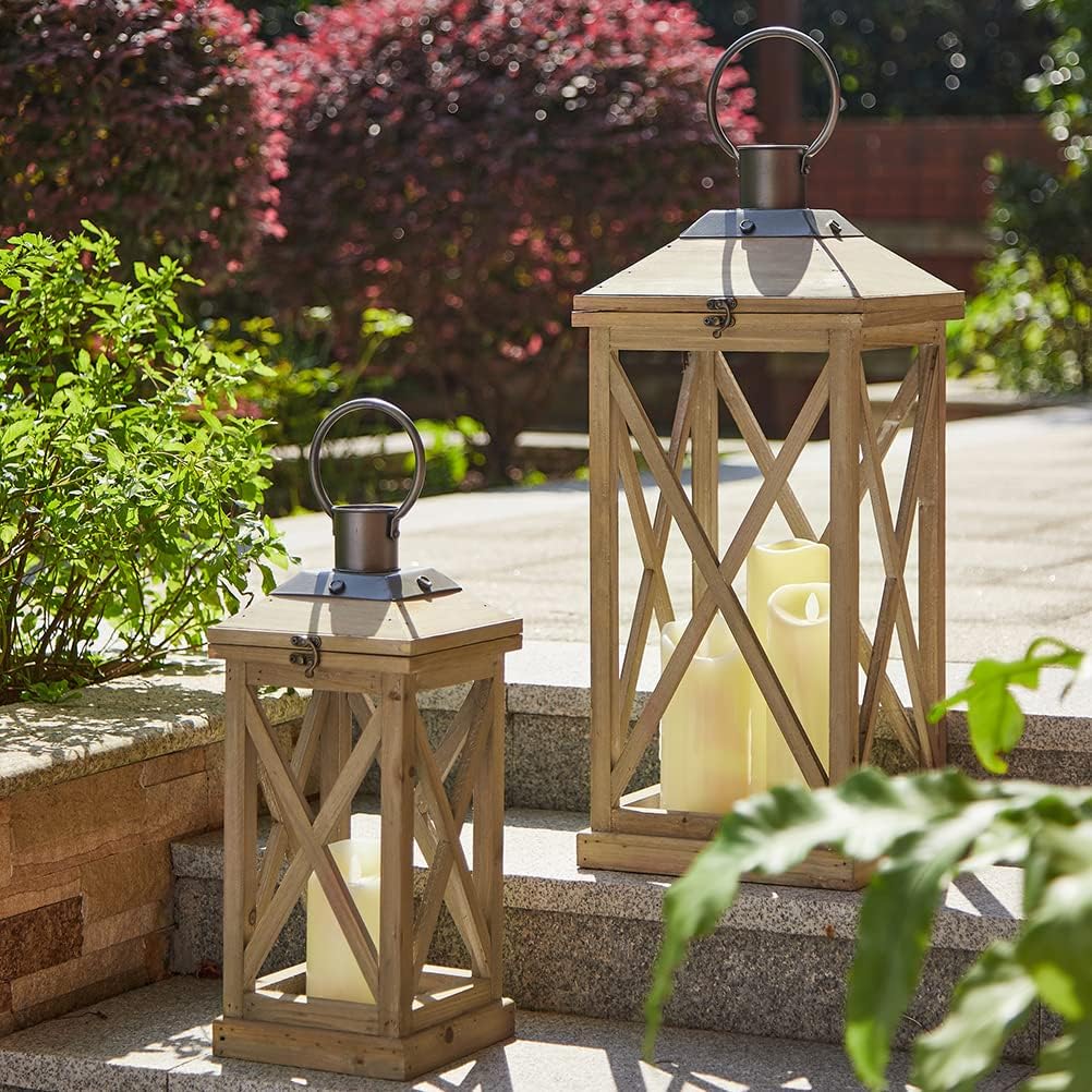 Weathered Wood Cross-Bar Candle Lanterns (Set of 2)