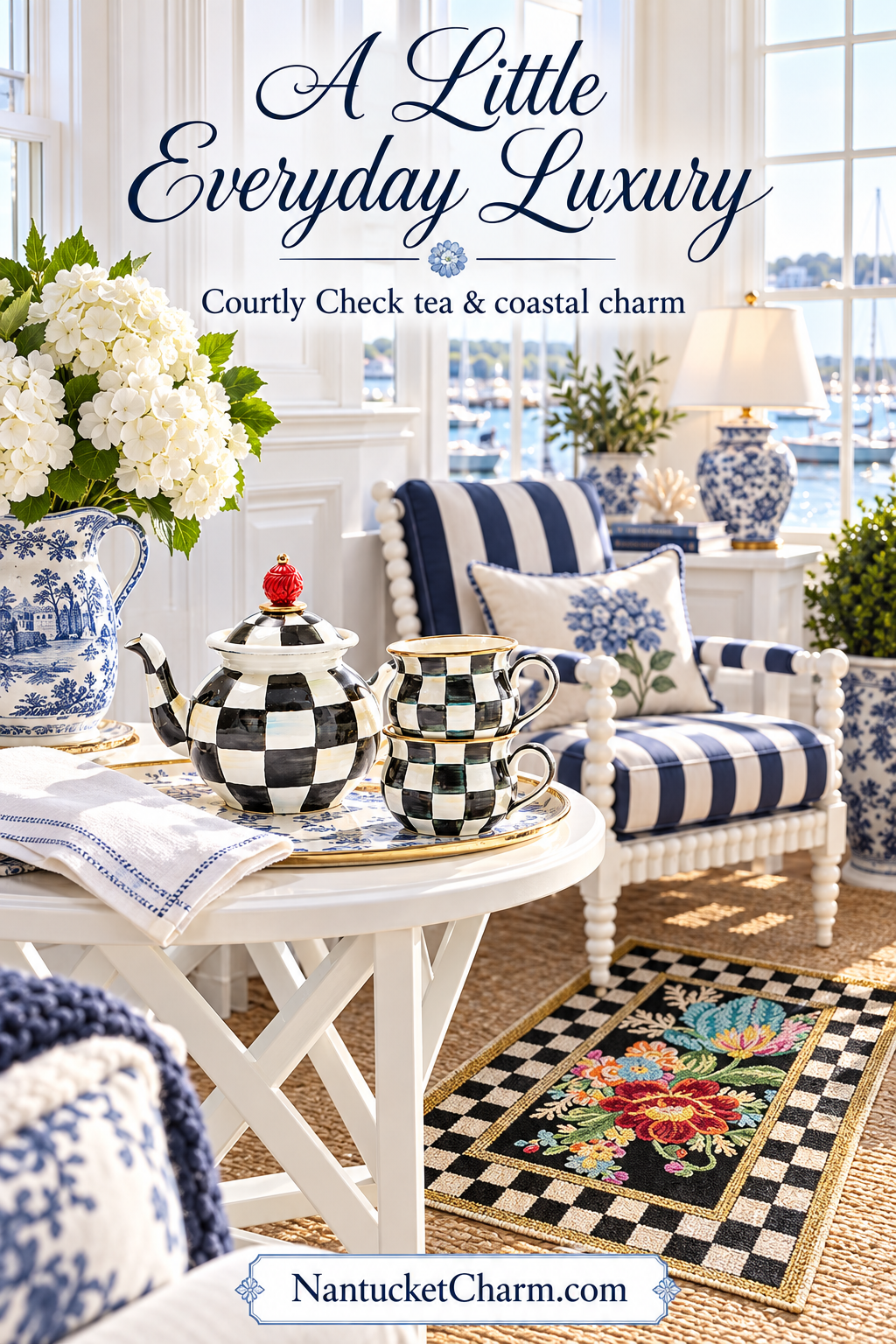 A Little Everyday Luxury coastal tea nook with Courtly Check teapot and stacked cups, Spode pitcher of white hydrangeas, navy stripe white bobbin chair, hydrangea pillow, blue and white porcelain lamp and Flower Market checked-border rug.