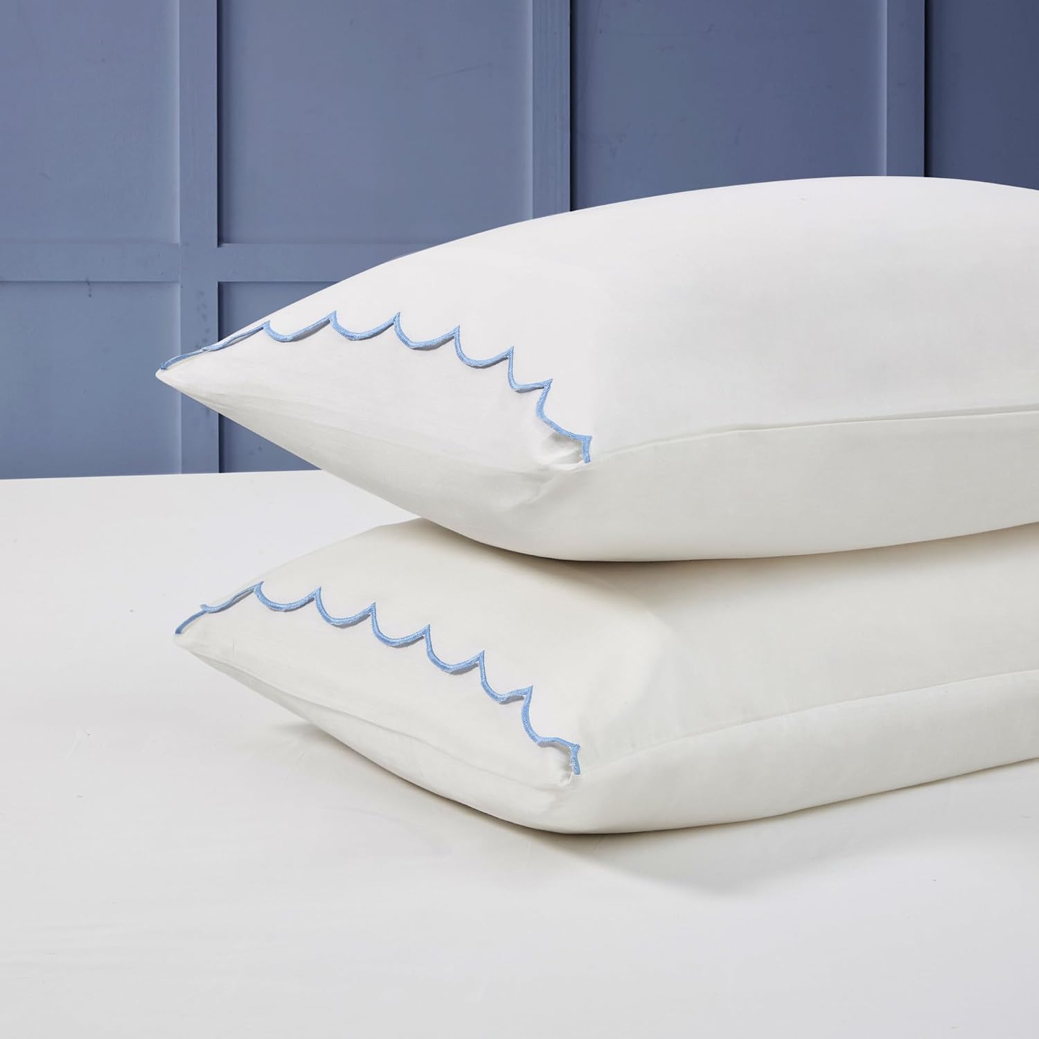 Peri Home 300 TC Cotton King Pillowcases with Blue Scalloped Edge (Set of 2)