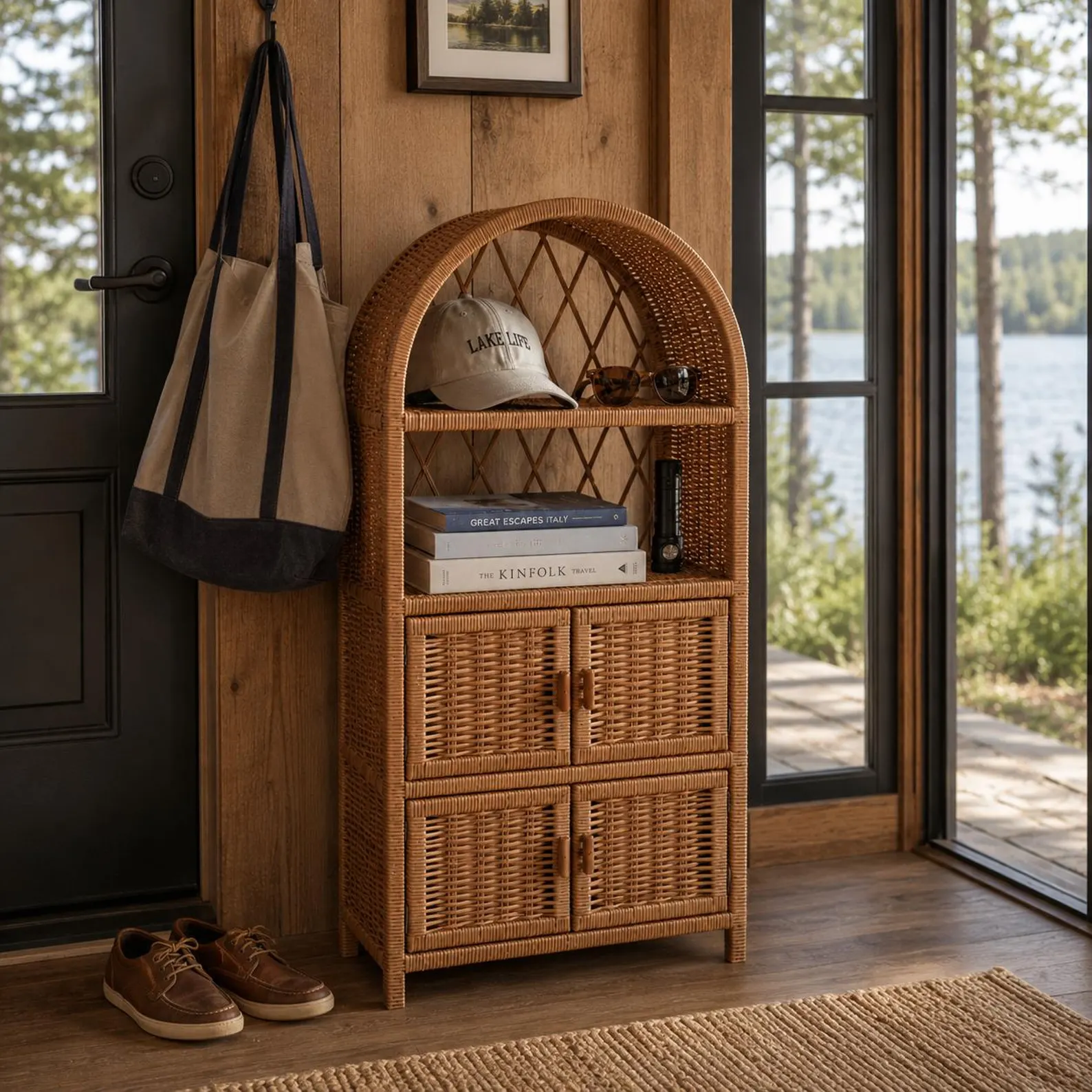 Natural Wicker Arched Storage Cabinet — Hallway Shoe & Book Rack
