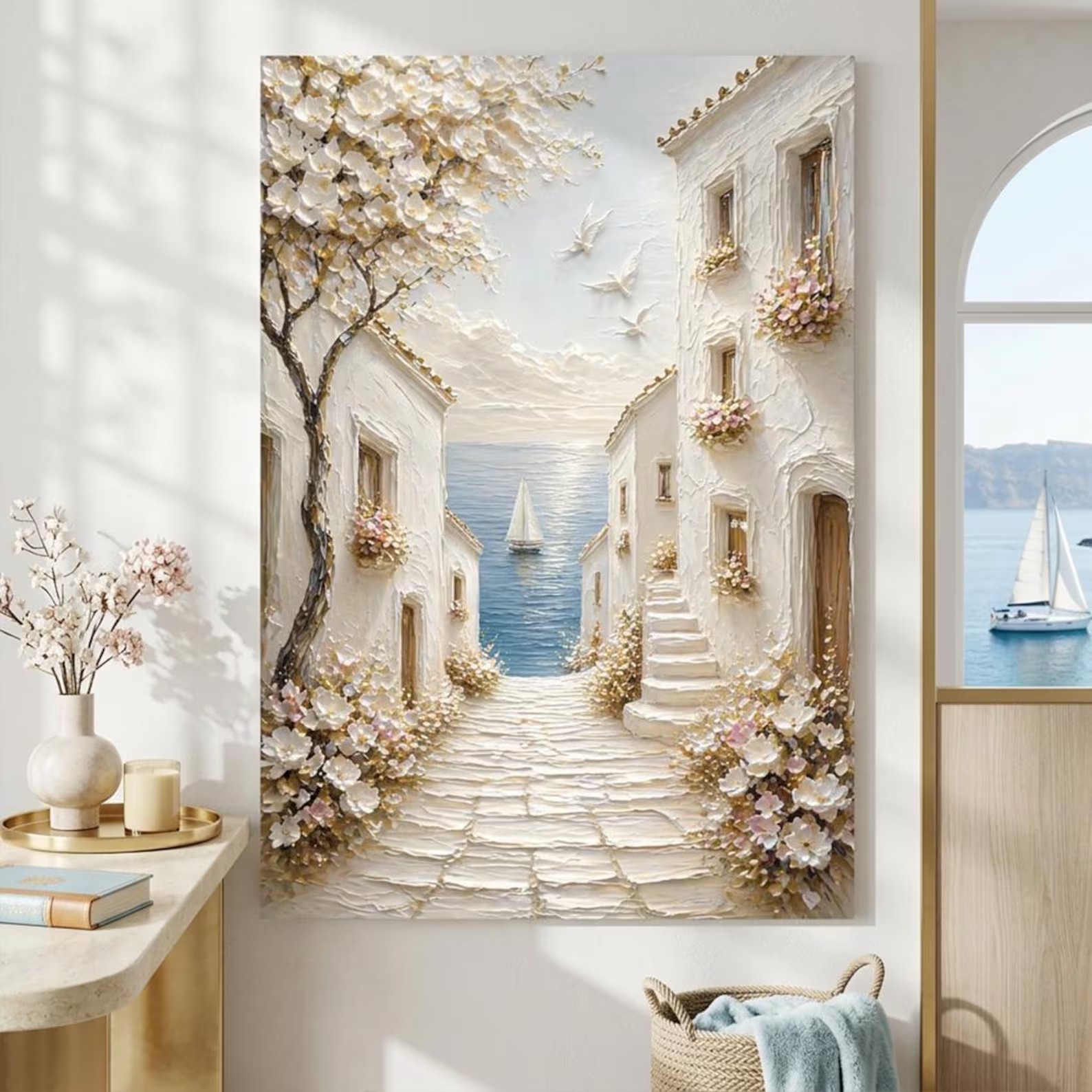 Coastal Village Pathway Canvas — Mediterranean Seascape Print