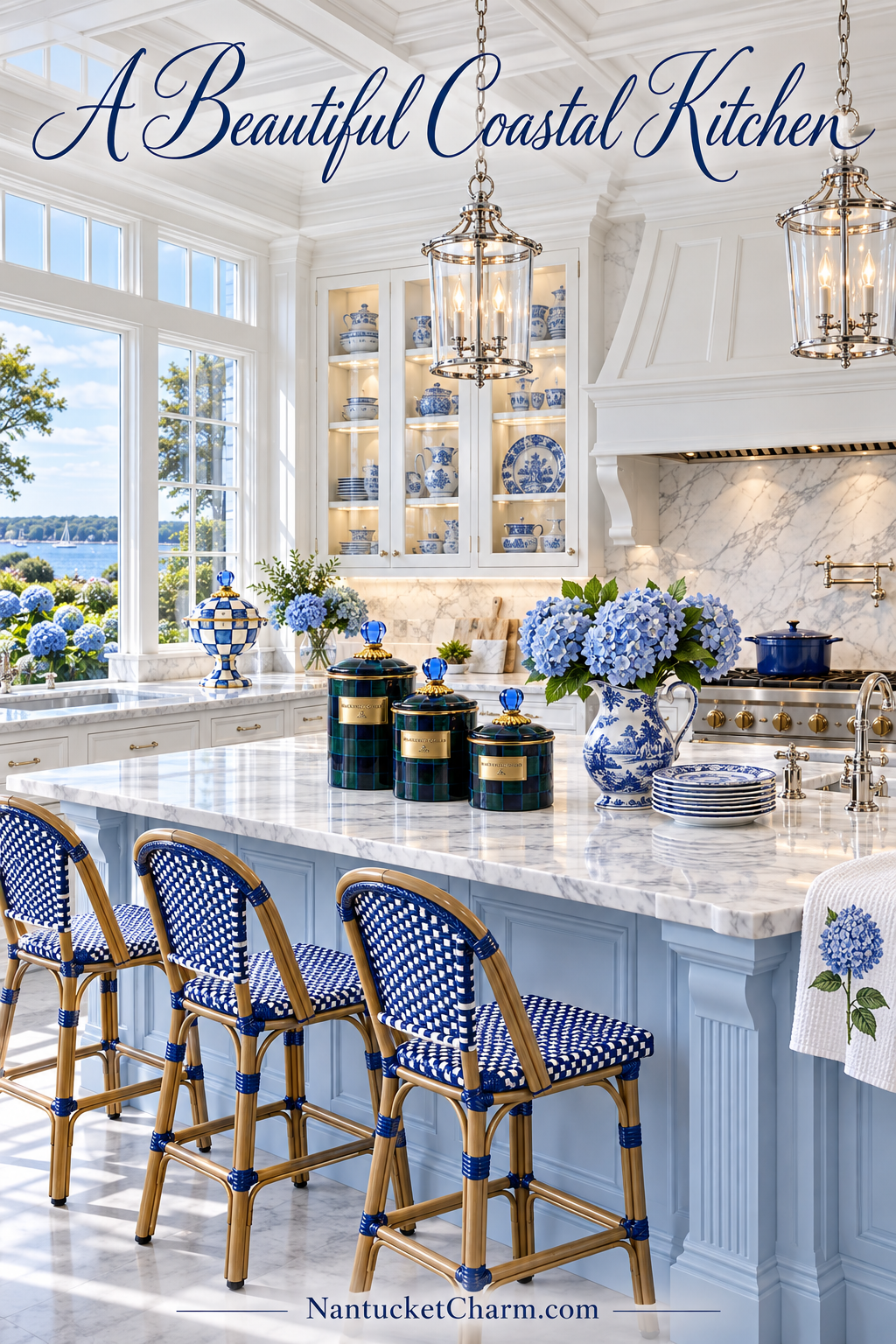 Bright coastal kitchen with a pale blue marble-topped island, MacKenzie-Childs Henhouse checked enamel canisters, blue and white French bistro counter stools, transferware plates in glass cabinets, hydrangeas in a blue and white pitcher, lantern pendants and a blue kettle on the range.