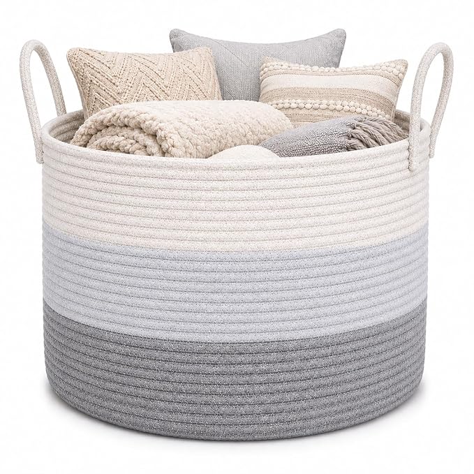 OrganiHaus 3-Tone Gray Cotton Rope Blanket Basket, 20" x 13"