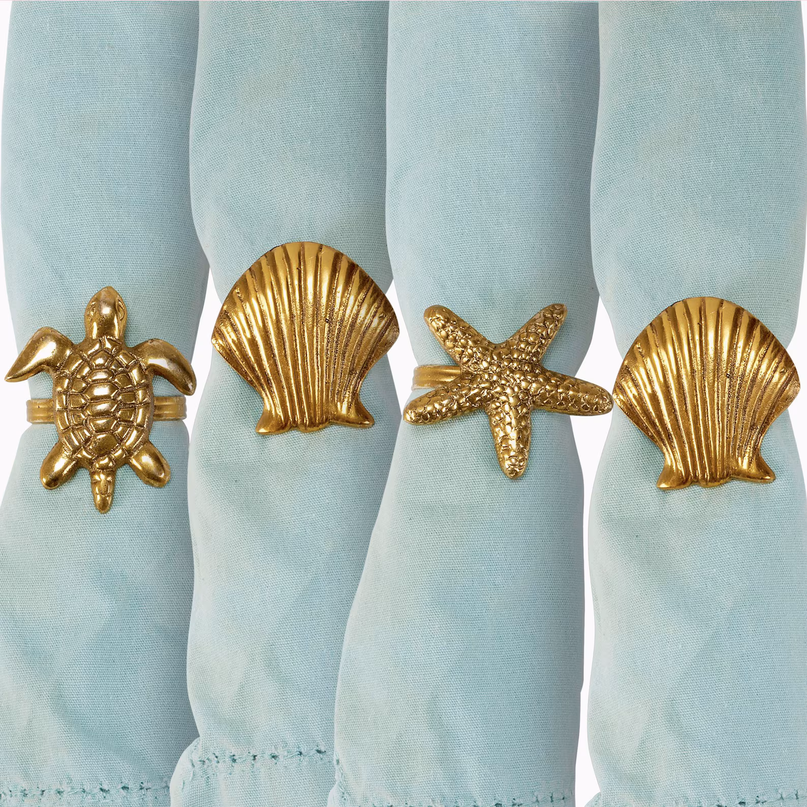 Vintage-Look Gold Beach Napkin Rings — Turtle, Shell & Starfish (Set of 4)