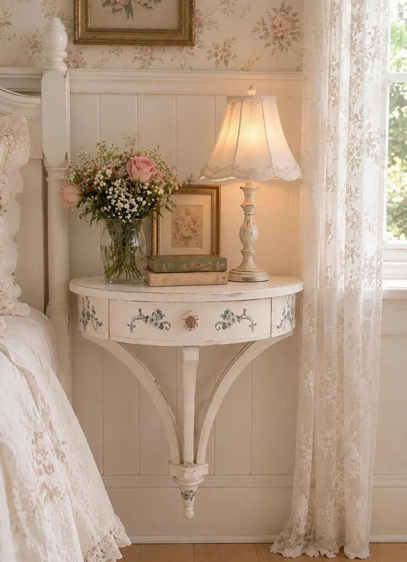 Vintage Demilune Table with Drawer — Wall-Mounted Half Moon Console