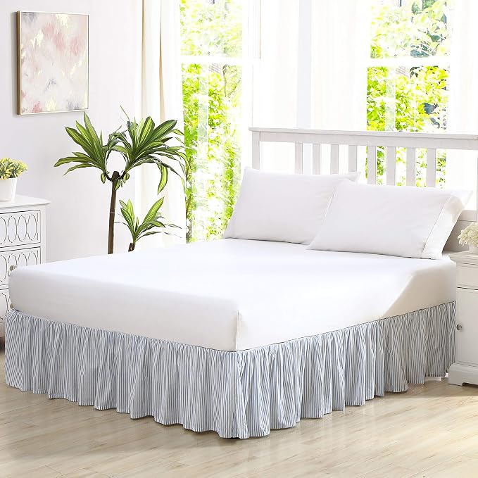 Blue & White Ticking Stripe Ruffled Bed Skirt