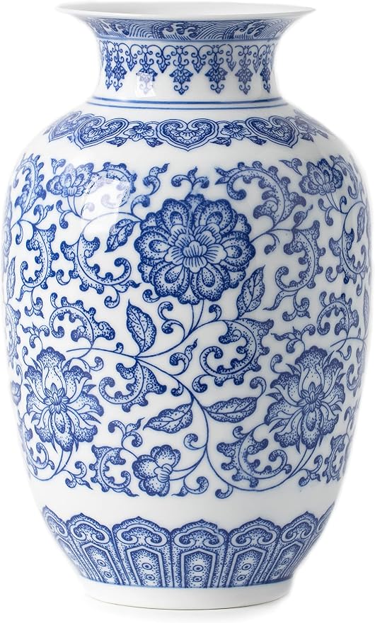 Blue & White Chinoiserie Porcelain Vase, 9"