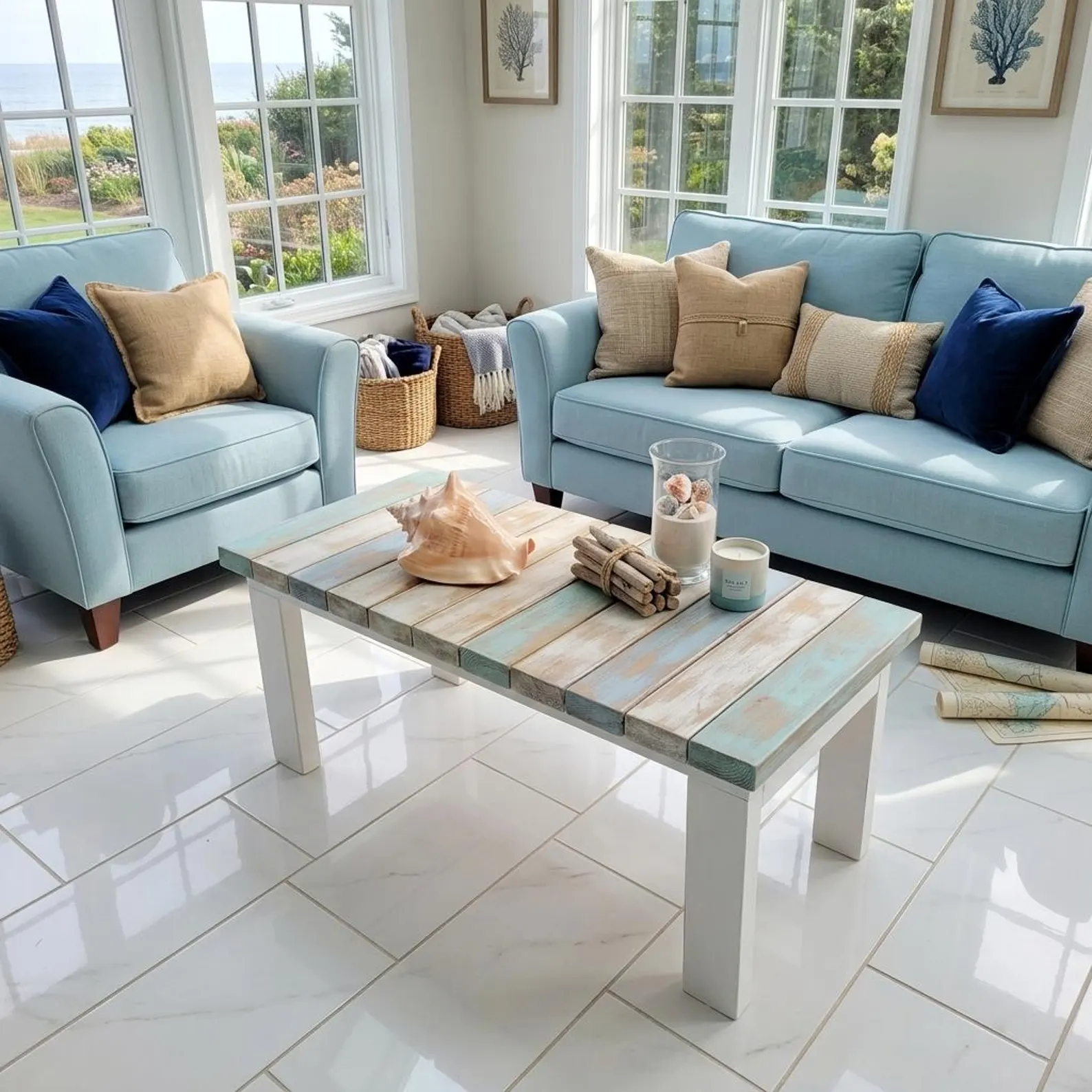 Coastal Cottage Rustic Reclaimed Wood Coffee Table (Distressed Blue & White)