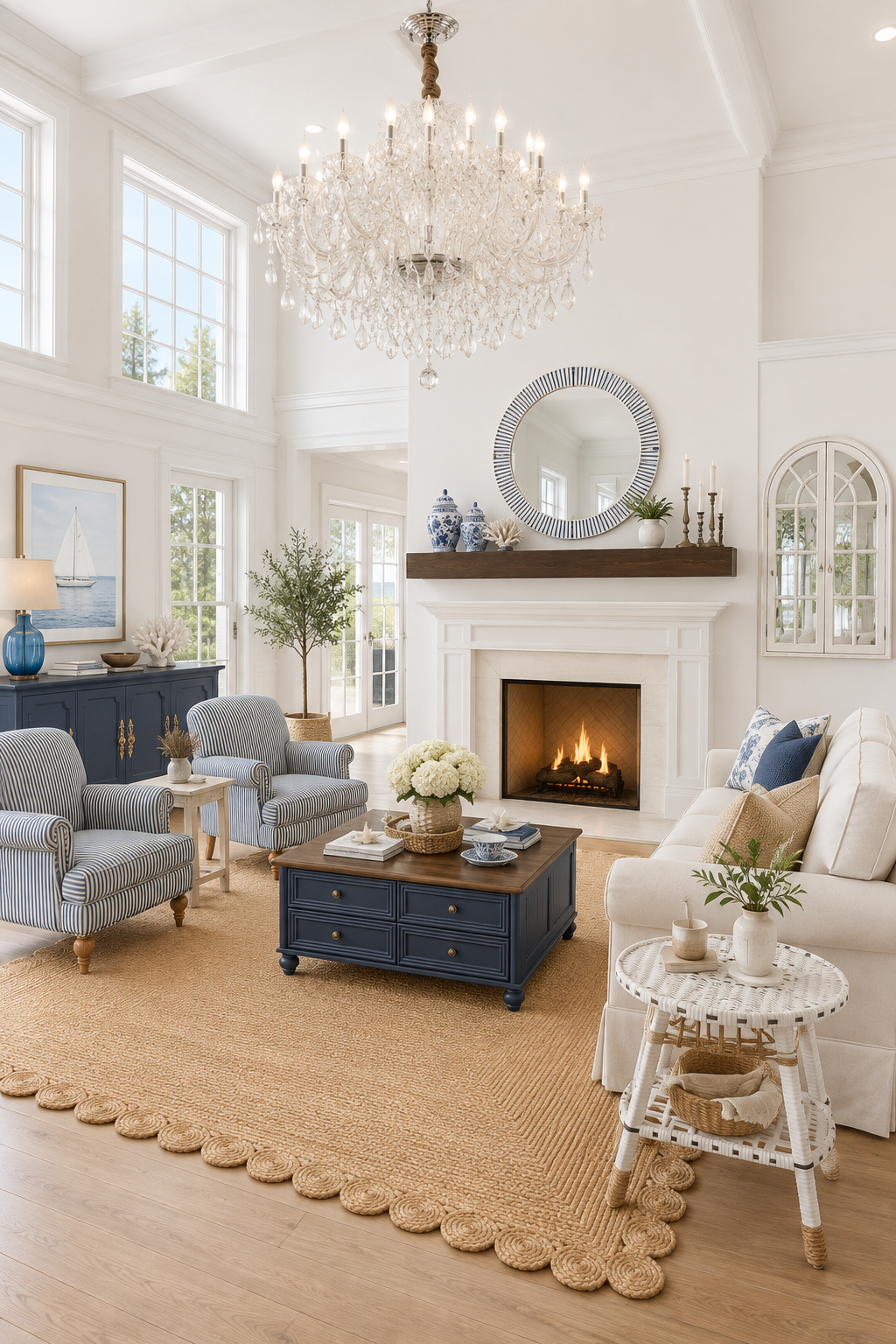 Bright white two-story coastal living room with a crystal candle chandelier, navy four-drawer coffee table, blue and white ticking stripe rolled-arm club chairs, ivory sofa, scalloped jute rug, striped bone inlay round mirror over a rustic wood mantel, navy sideboard with a cobalt rope-wrapped lamp, round wicker side table, blue-and-white chinoiserie vases, silk hydrangeas, coral statue, rattan wall basket, serving tray, crochet tray and cream accents.