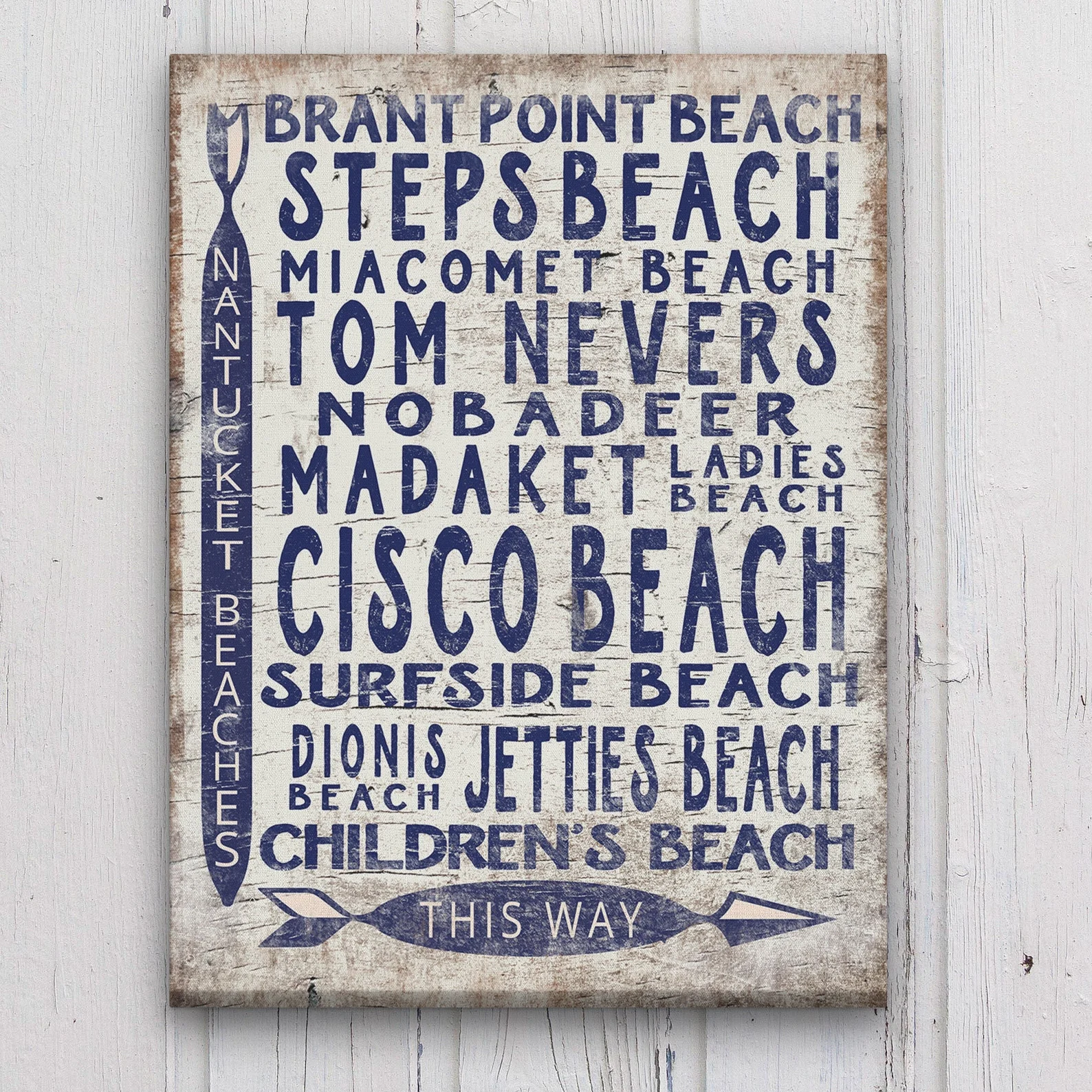 Nantucket Beaches Vintage Wood-Look Sign — Cisco, Madaket, Surfside & More