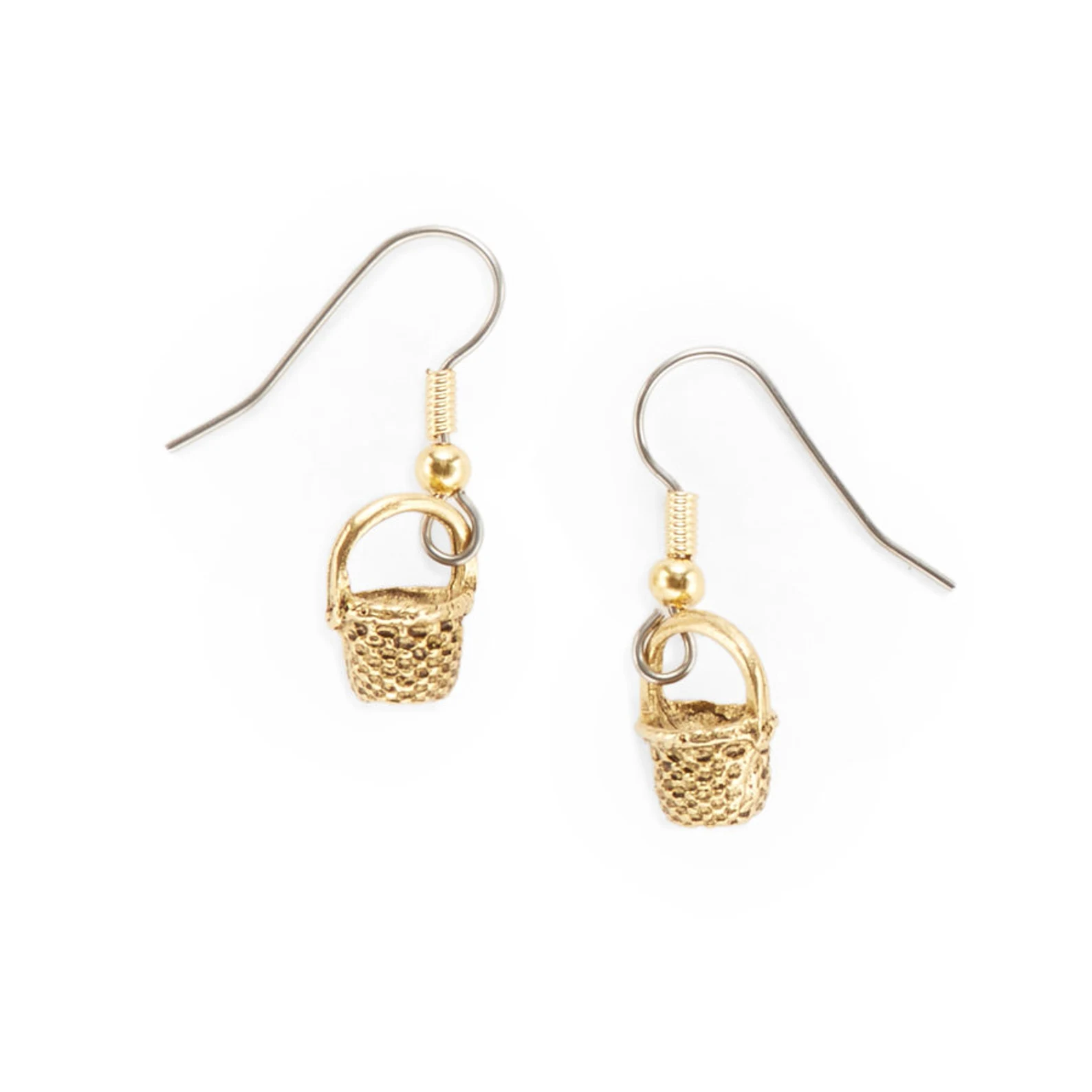 Nantucket Lightship Basket Charm Earrings (Gold Pewter, Round Basket)