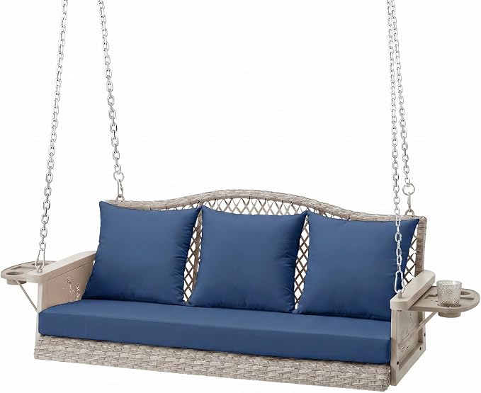 ZZW 3-Seat Wicker Porch Swing with Navy Cushions & Cup Holders
