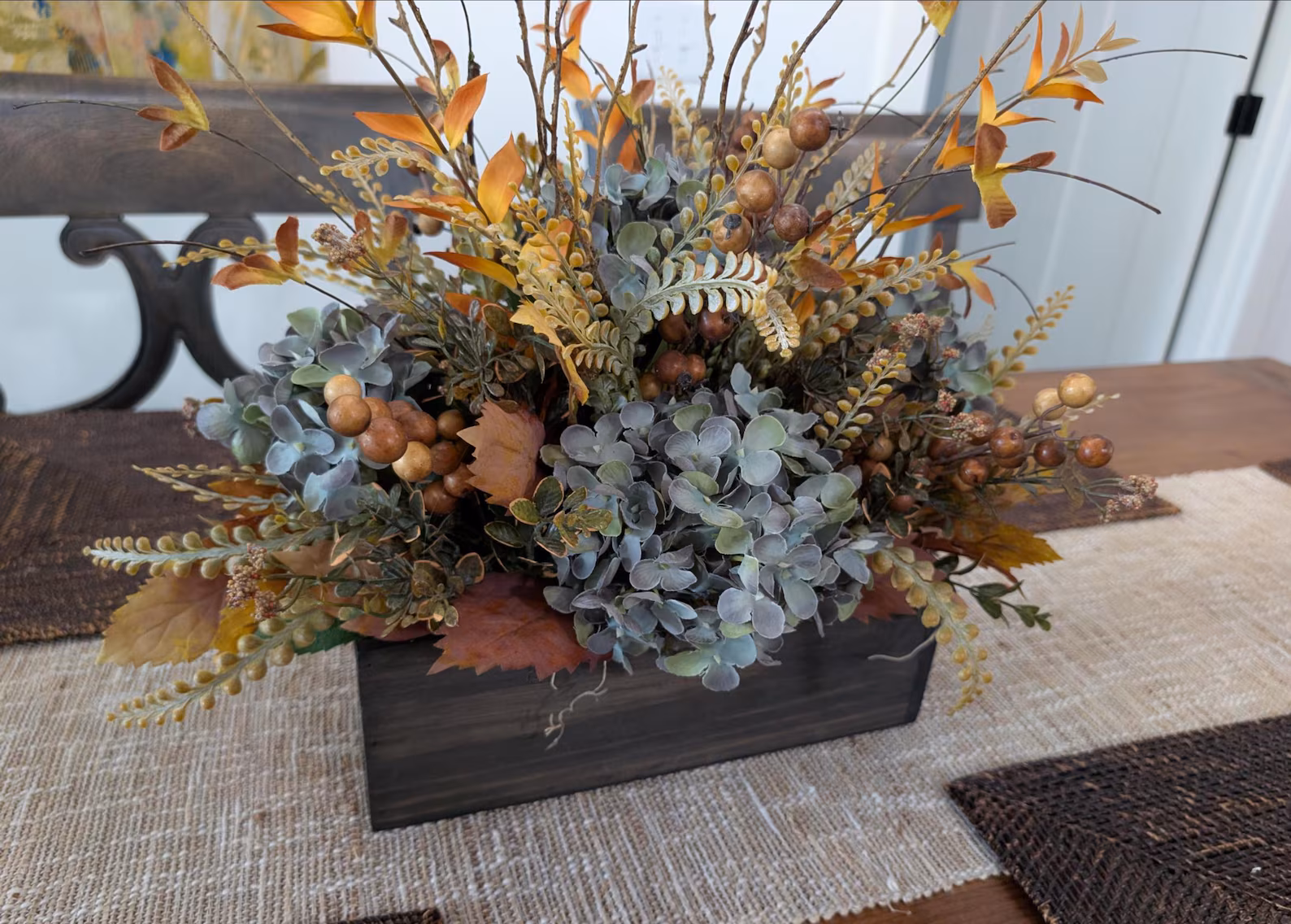 Fall Centerpiece Arrangement in Weathered Wood Box — Blue Hydrangeas & Berries