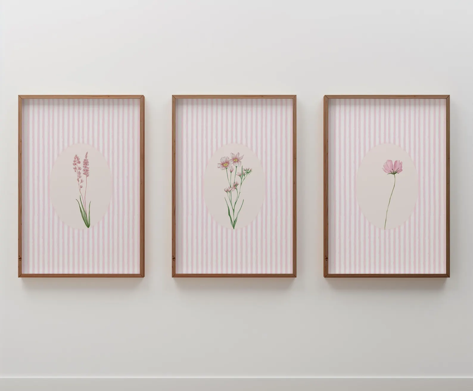 Pink Stripes & Wildflowers Poster Set — Botanical Triptych