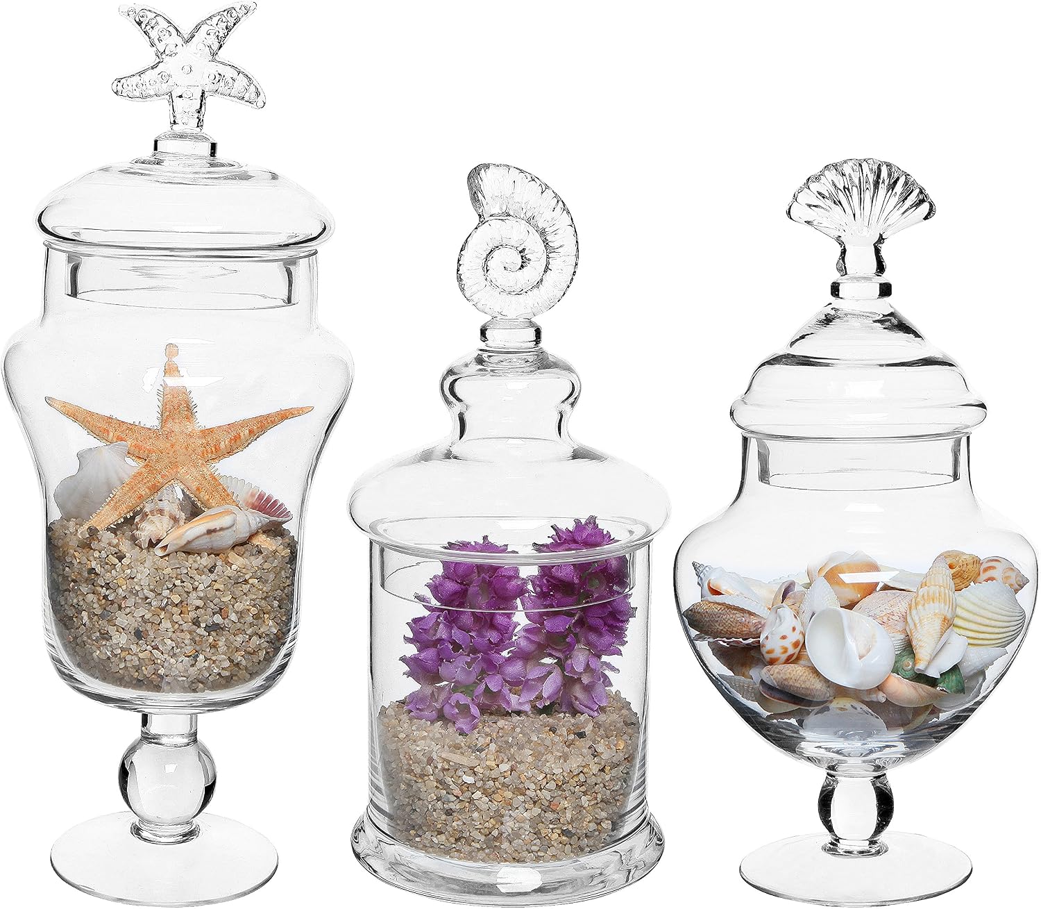 MyGift Clear Glass Apothecary Jars with Shell Lids (Set of 3)