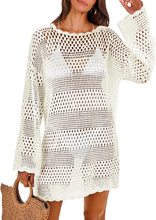 White Crochet Long-Sleeve Beach Cover-Up Dress