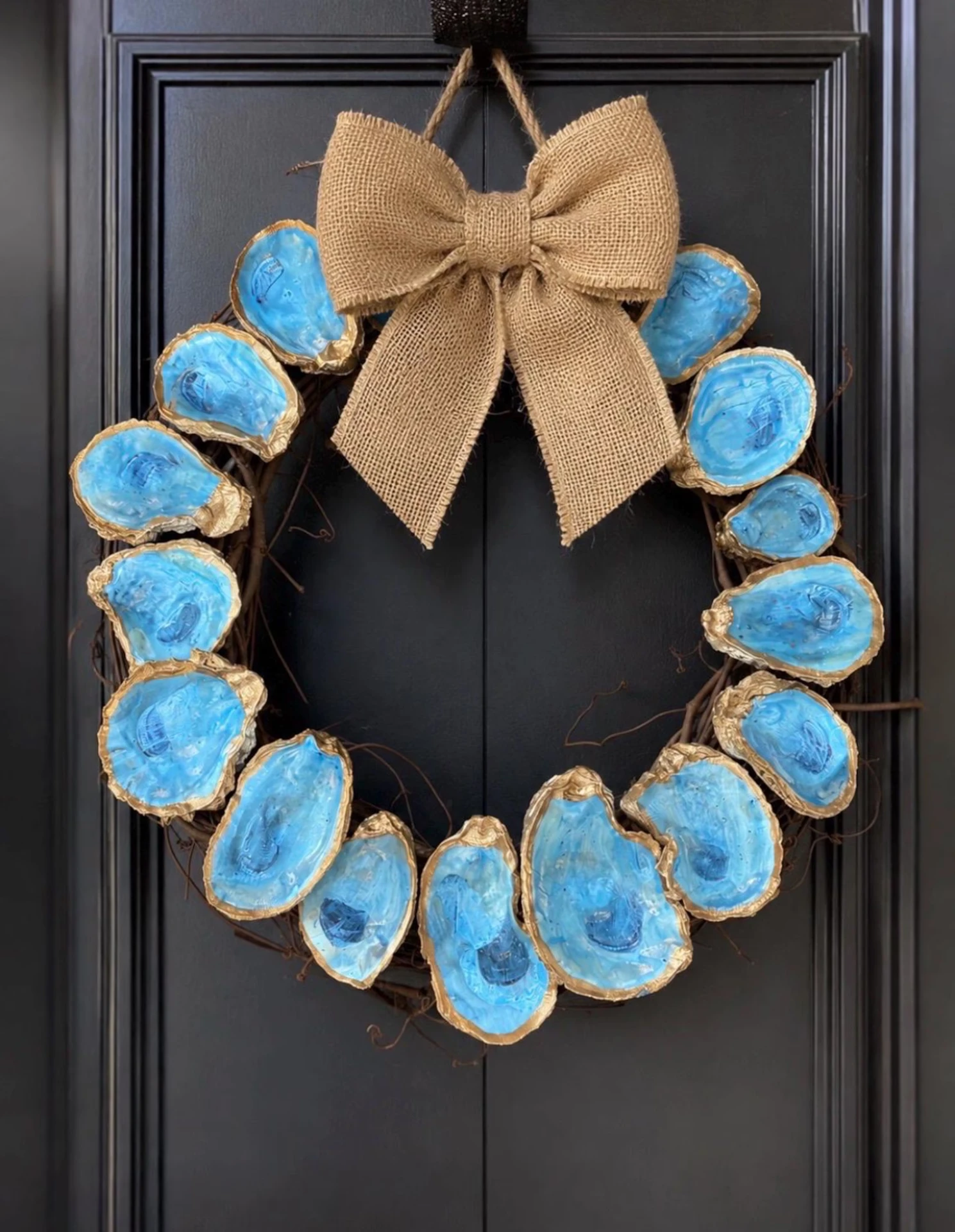 Classic Coastal Blue Oyster Shell Wreath with Burlap Bow