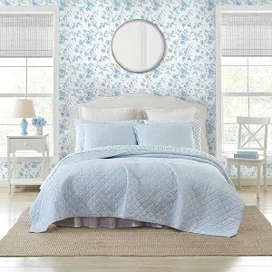 Laura Ashley Amberley Blue Floral Quilt Set — Diamond-Quilted Cottage Bedding