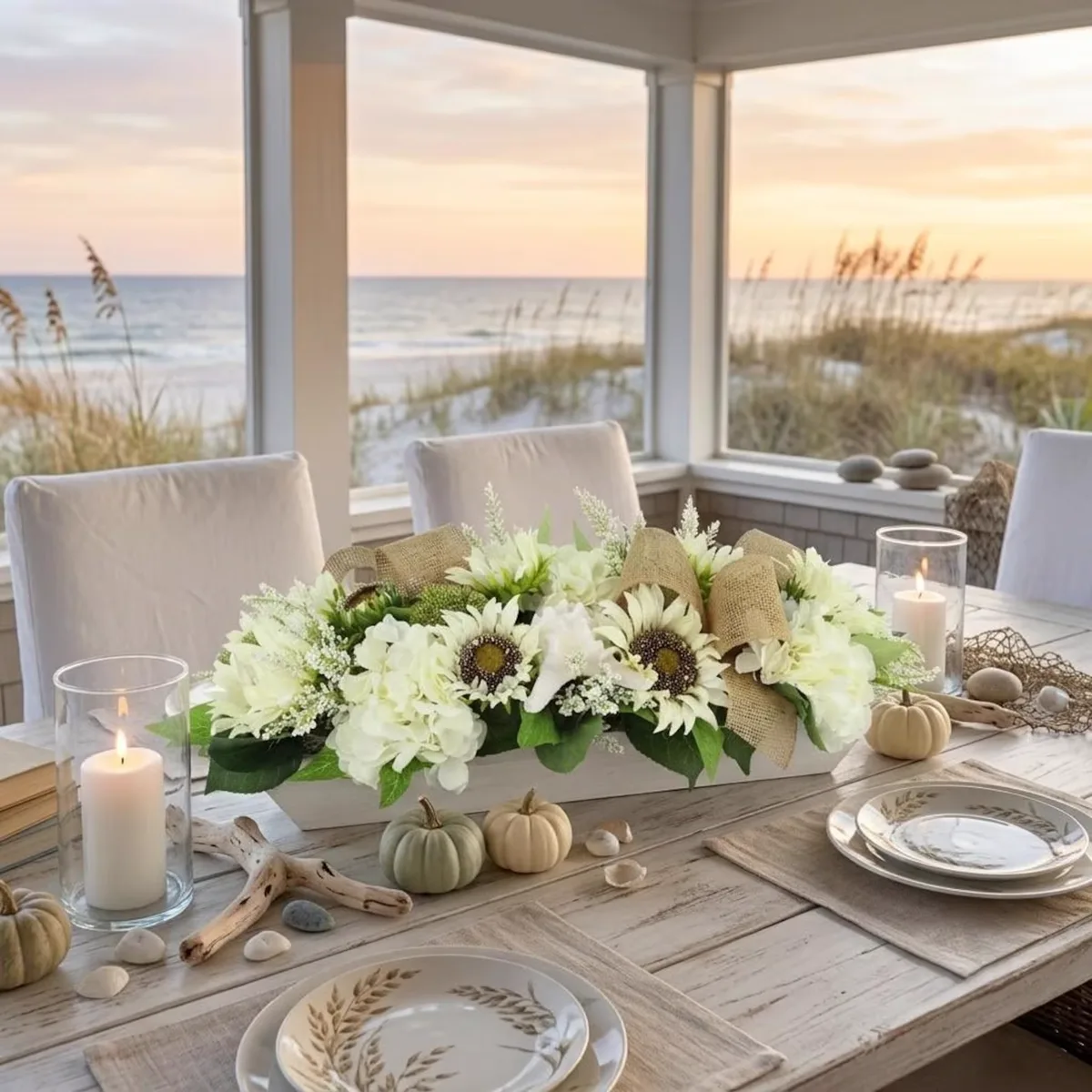 Coastal Fall Centerpiece with White Sunflowers & Starfish