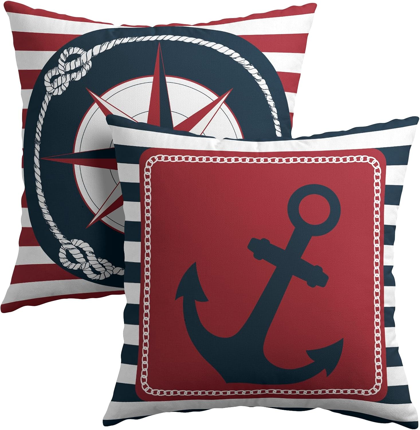 Nautical Compass & Anchor Stripe Outdoor Pillow Covers (Set of 2)