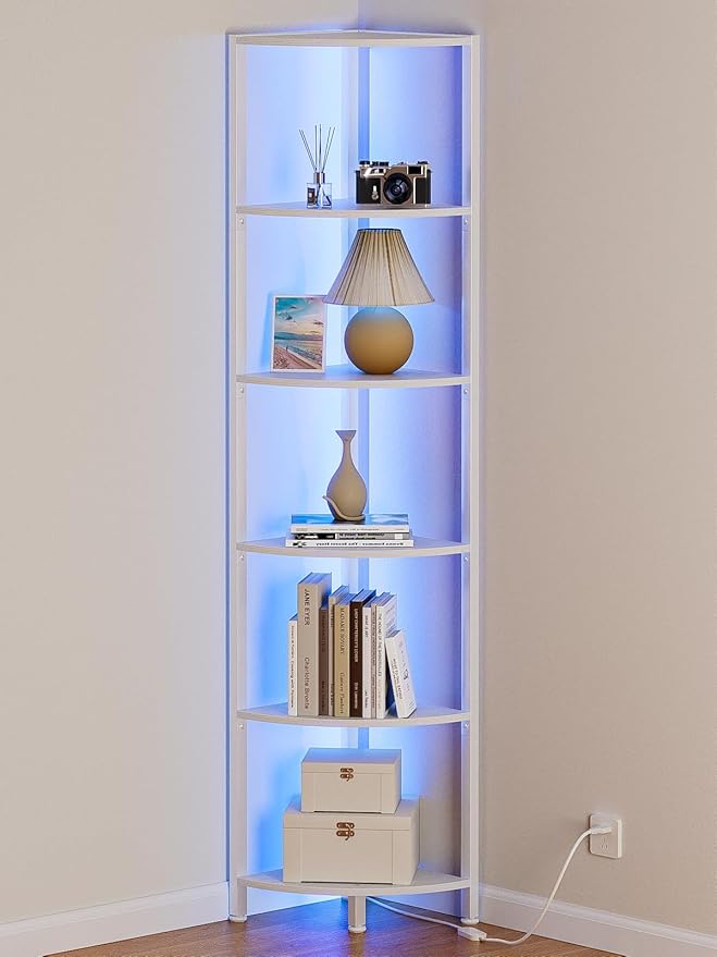 White 5-Tier Corner Bookshelf with LED Lights