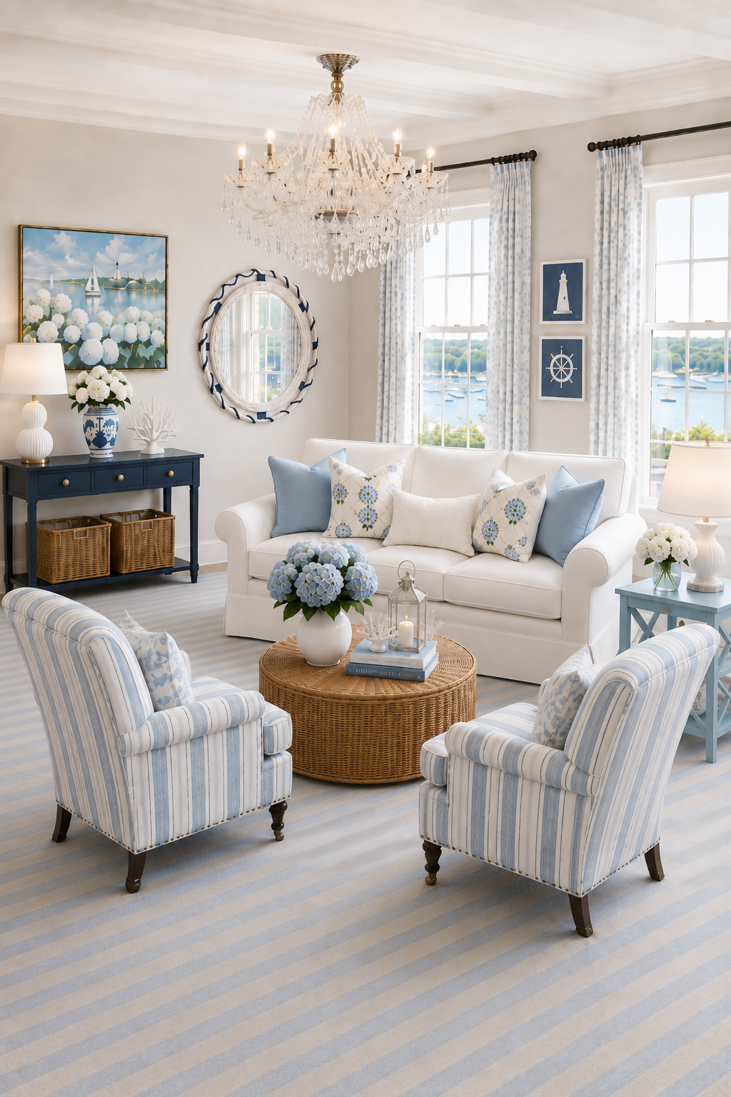 Coastal living room with blue and white stripe armchairs, a round rattan storage coffee table, crystal chandelier, white sofa with hydrangea pillows, navy console table, rope mirror and harbor views.