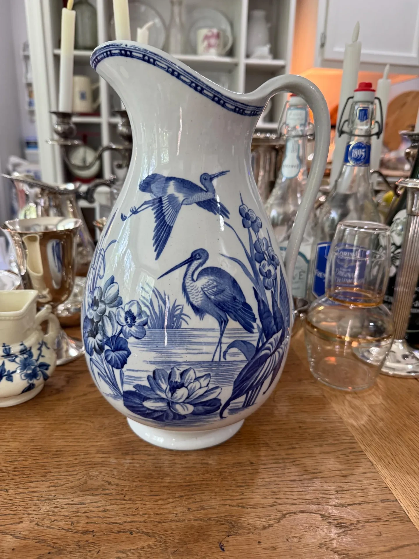 Vintage Blue & White Tall Pitcher — Heron & Water Lily Transferware
