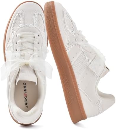 White Eyelet & Ribbon-Lace Gum-Sole Court Sneakers