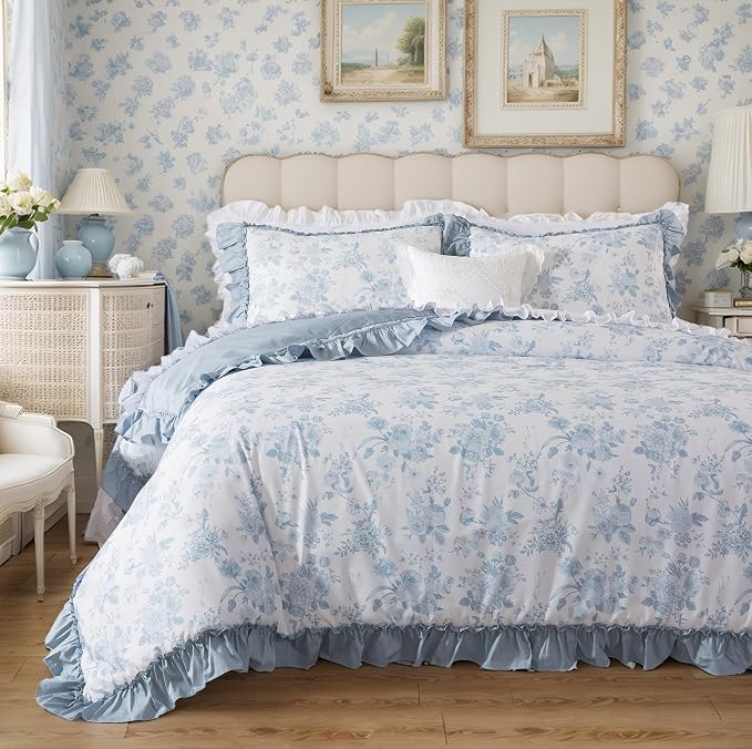 Brandream Blue Floral Toile Ruffle Edge Duvet Cover Set — Queen