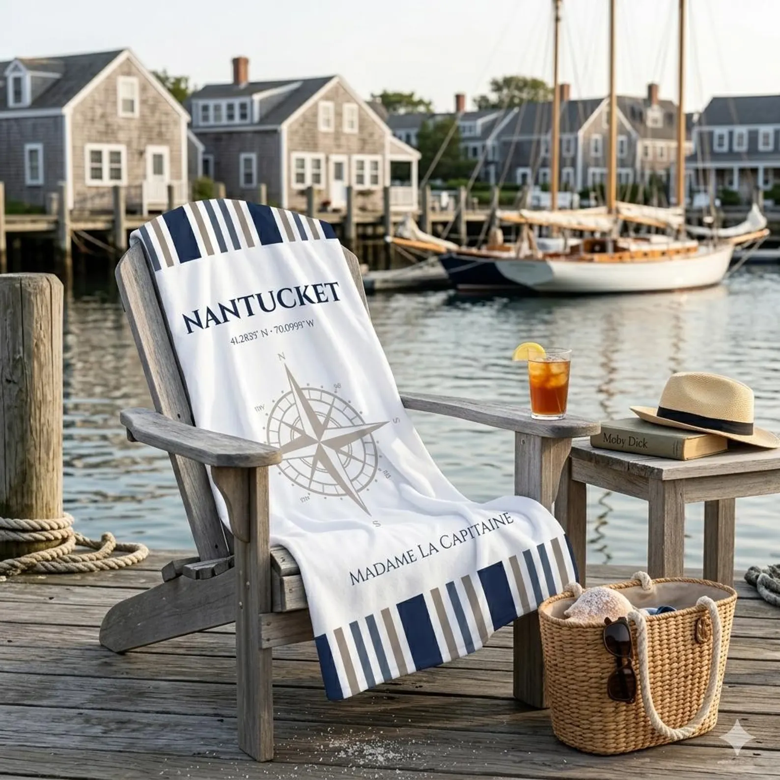 Personalized Nantucket Coordinates Compass Beach Towel — Navy & Sand Stripe