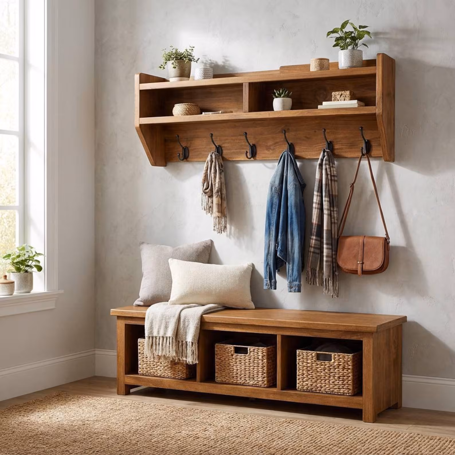 Entryway Bench with Coat Rack Set — Shoe Storage & Wall Hooks
