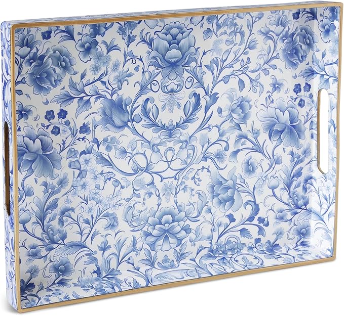 Blue & White Peony Chinoiserie Serving Tray with Handles (15.75" x 11.81")