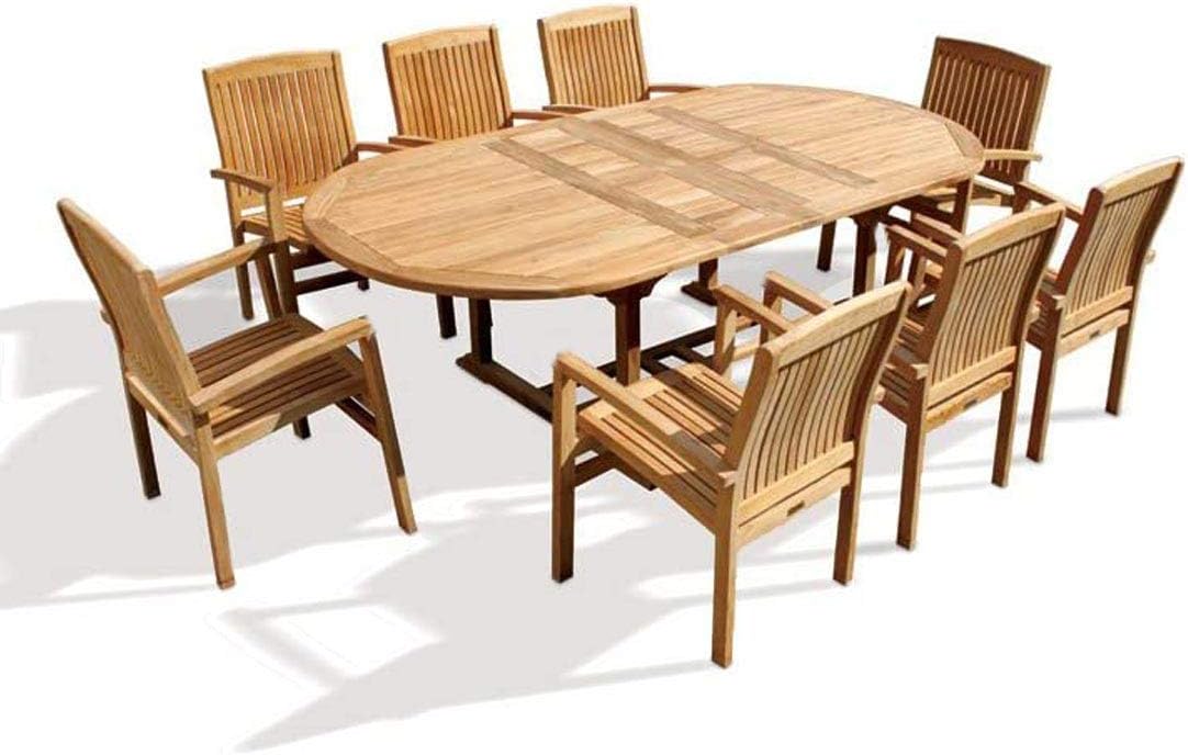9-Piece Grade-A Teak Oval Extension Outdoor Dining Set with 8 Stacking Arm Chairs