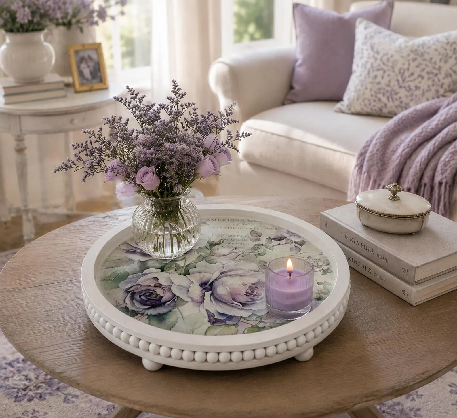 Footed Wood Beaded Tray — Lavender Rose Decoupage Vanity Riser (11.75" Round)