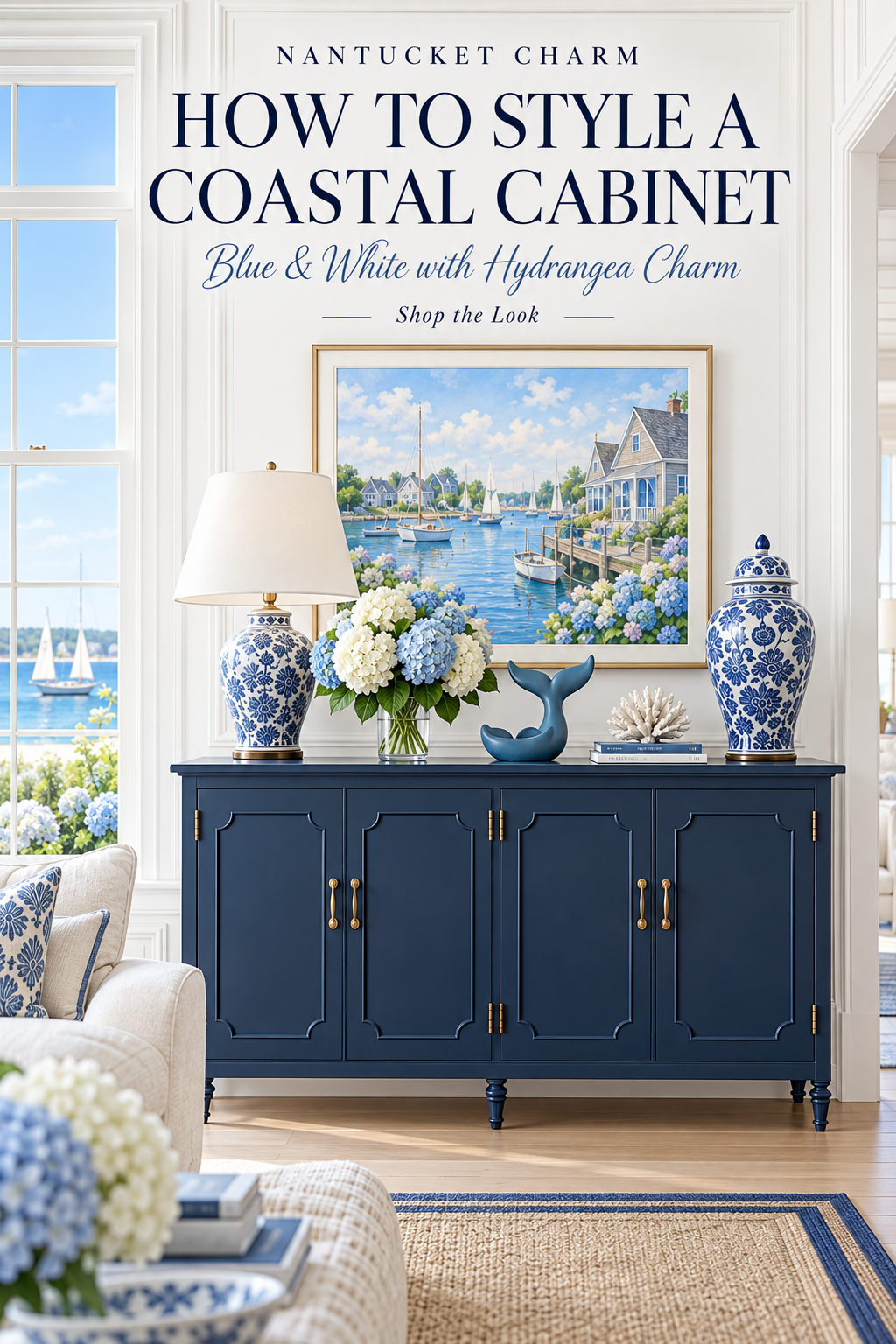 Navy coastal sideboard styled with a blue and white ginger jar lamp, white and blue hydrangeas in a glass vase, a blue whale figurine, white coral on coastal books, and a blue and white temple jar, under a gold-framed Nantucket harbor sailboat print, with an ivory slipcovered sofa and scalloped jute rug.