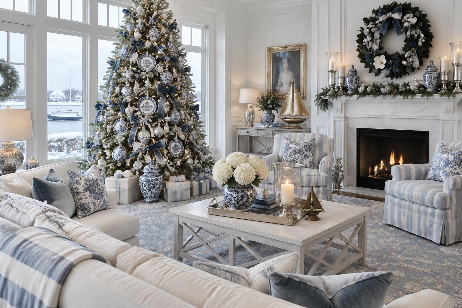 Blue and white Christmas living room with an ivory slipcovered sectional, pale blue striped chairs, whitewashed coffee table, blue Oushak rug, mercury glass lamps and hurricanes, navy and silver wreath, chinoiserie ornaments, ice blue velvet bows and ginger jars beneath the tree.