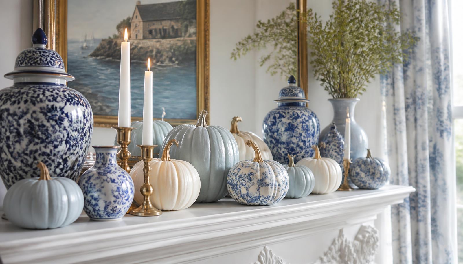 A white mantel decorated for fall with blue and white chinoiserie ginger jars, pale blue pumpkins, blue toile pumpkins and brass candlesticks
