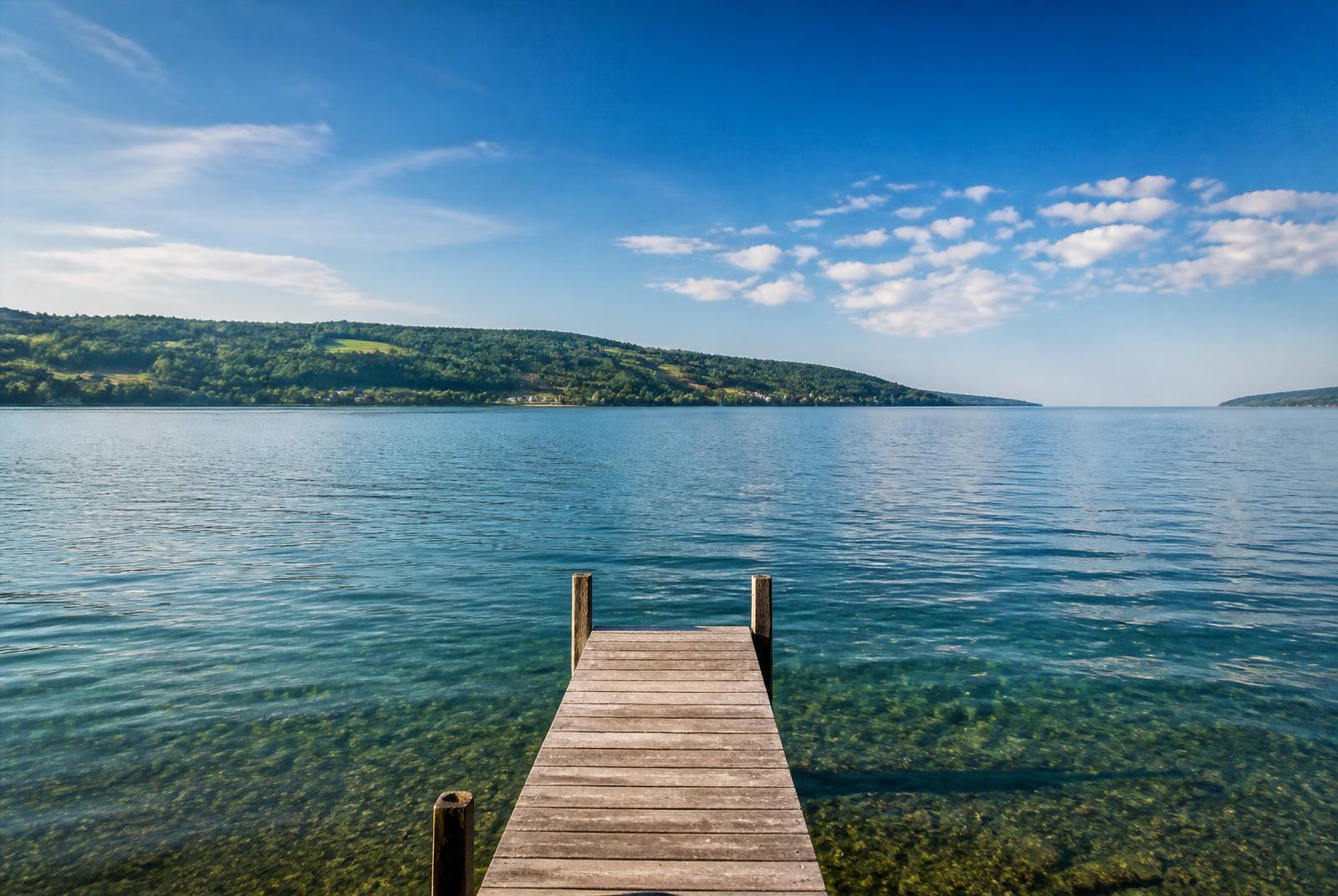 Cayuga Lake seen from the village of Aurora, New York — turquoise water and rolling Finger Lakes hillsides